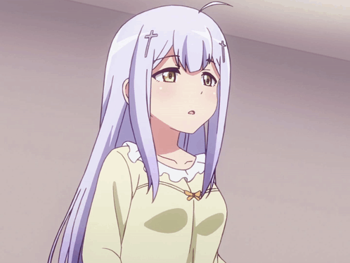 a girl with white hair has two crosses on her ears