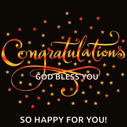 Golden cursive “Congratulations” glows among stars and swirls on black, with “SO HAPPY FOR YOU!”