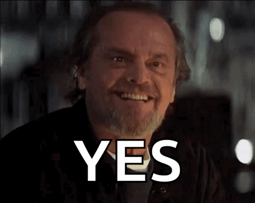 Jack Nicholson grins broadly above a large “YES.”