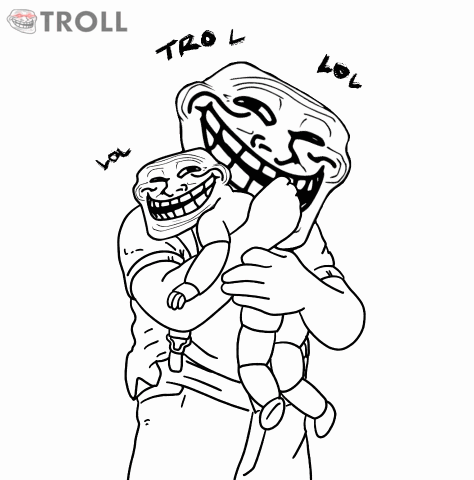 a black and white drawing of a troll holding a baby with the word troll below it