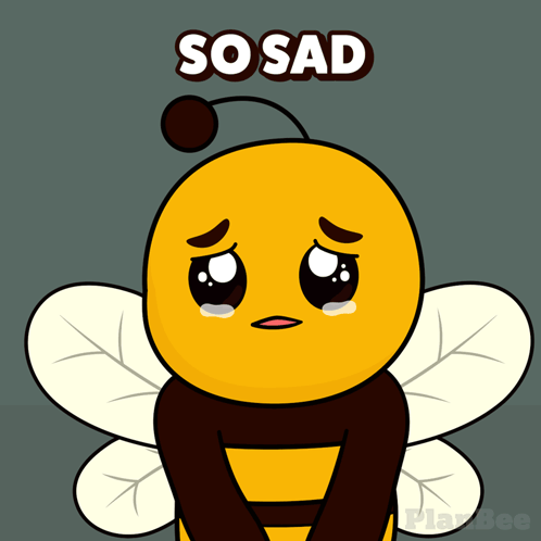 a cartoon of a bee with the words so sad written above it