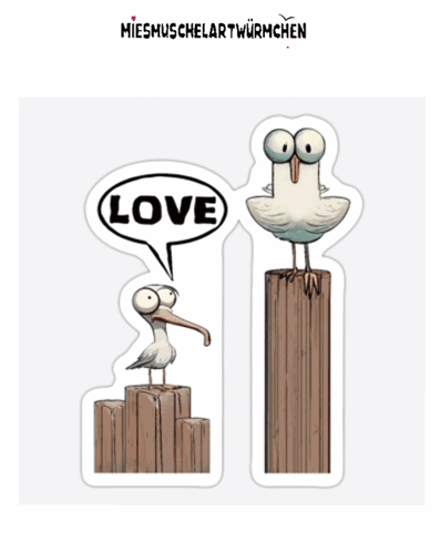 a seagull is standing on a wooden post with a speech bubble saying love