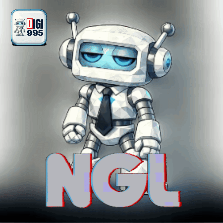 a robot with headphones and a tie stands in front of a sign that says ngl