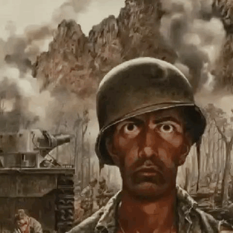 a painting of a soldier wearing a helmet in a battle scene .