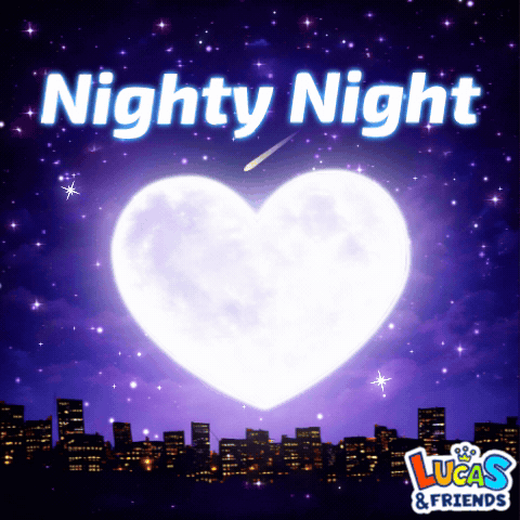 A glowing heart-shaped moon rises over a city skyline beneath the caption “Nighty Night.”