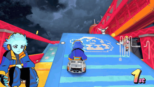 a video game shows a person driving a car on a track and the number 1 is on the screen