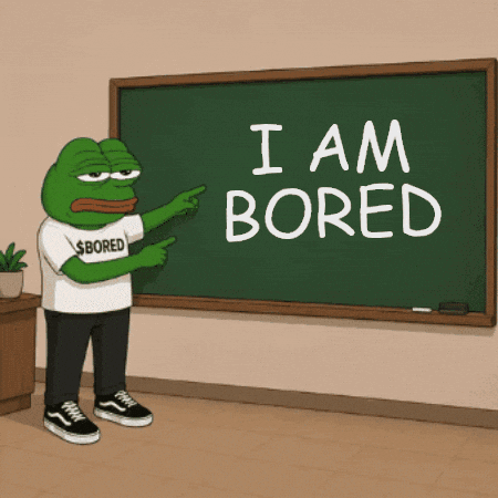 Pepe the Frog points to a chalkboard that says “I AM BORED.”