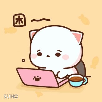 A white cartoon cat uses a pink laptop beside a cup of coffee.