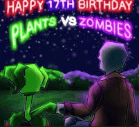 a man is sitting in front of a neon sign that says `` happy 17th birthday plants versus zombies '' .