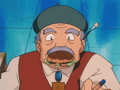 a man with a mustache is eating a hamburger and holding a pencil
