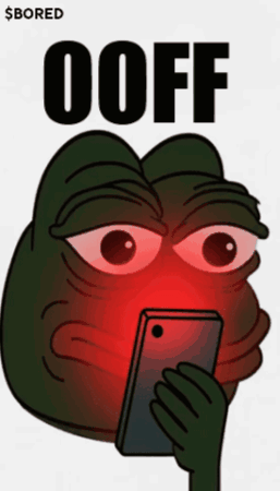 a frog looking at a cell phone with the word ooff on the bottom right