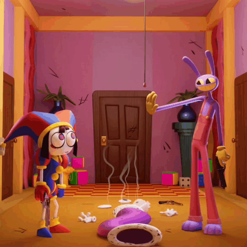 a jester and a bunny are standing in a room with a purple door