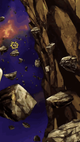 a painting of rocks flying through the air