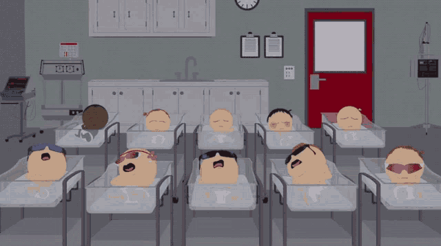 a bunch of babies are laying in cribs in a room with a clock that reads 2:00