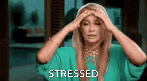 A woman holds her head, captioned “STRESSED.”