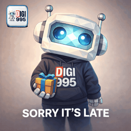 a robot wearing a digi 395 hoodie is holding a gift box