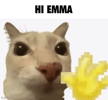 a cat is holding a pixelated object with the words hi emma below it