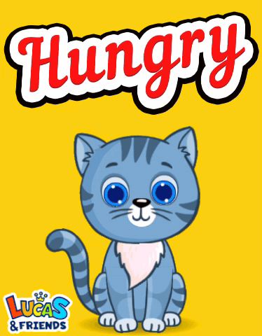a hungry lucas and friends advertisement with a blue cat