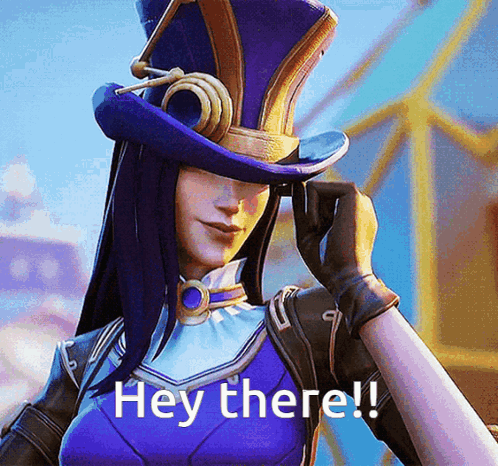 Caitlyn tips her tall hat and says “Hey there!!”