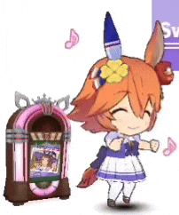 a little girl is standing next to a jukebox .
