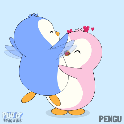Two cartoon penguins embrace lovingly with hearts between them.