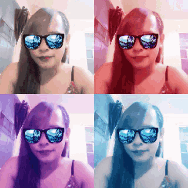 four pictures of a woman wearing sunglasses are shown in different colors