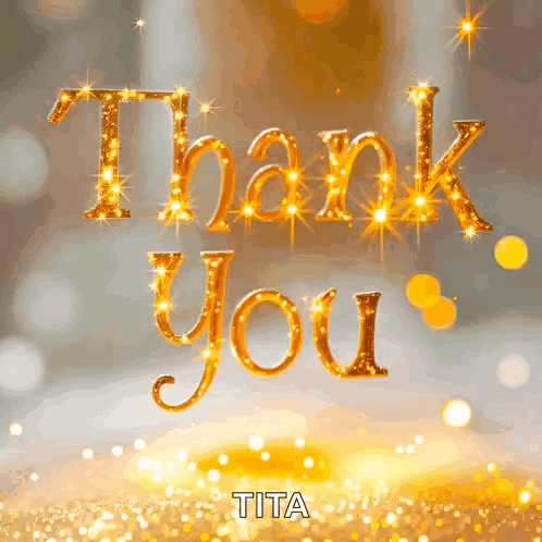 Glowing golden “Thank You” text sparkles over a soft bokeh background.