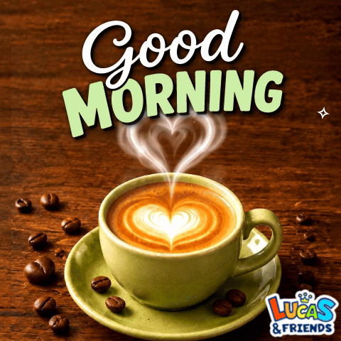 A steaming latte in a green cup is captioned “Good Morning.”