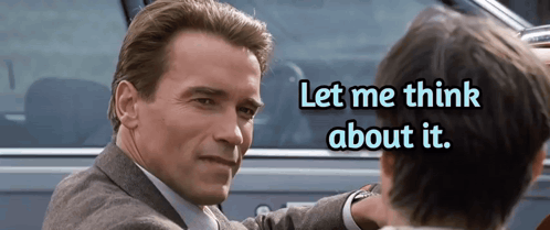 a man in a suit and tie is talking to another man in front of a car with the words let me think about it below him