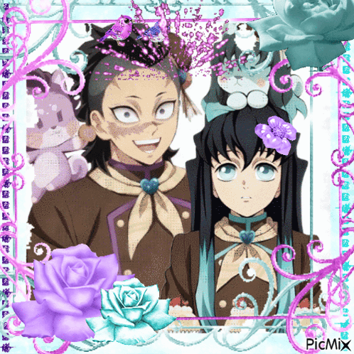 a couple of anime characters standing next to each other surrounded by flowers and swirls