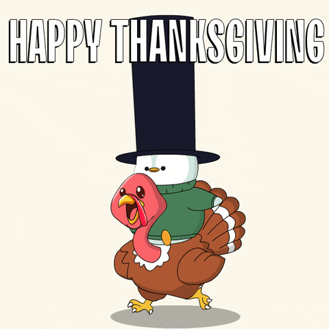 a cartoon turkey wearing a top hat and sweater with the words happy thanksgiving below it