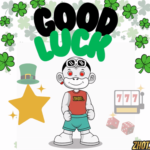 Cute mascot stands beside clovers and “GOOD LUCK.”