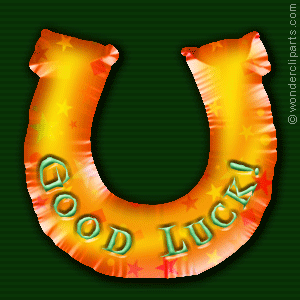 A shiny golden horseshoe forms a “U” shape with “GOOD LUCK” written around it.