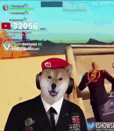 a dog wearing a red hat and headphones is smiling in front of a video game screen .