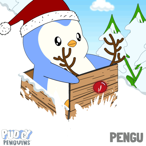 a penguin wearing a santa hat and reindeer antlers is in a wooden box with the word pengu below it