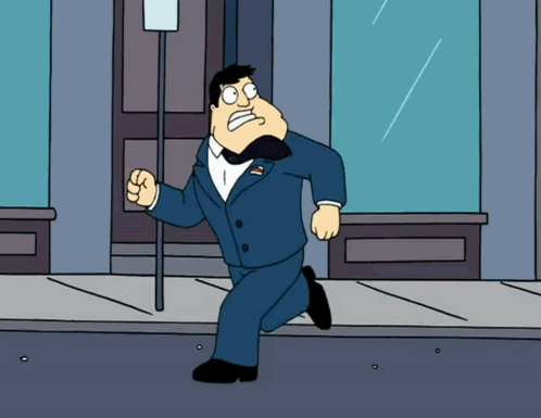 a cartoon man in a suit and bow tie is running down the street