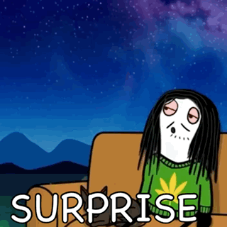 A cartoon skeleton-like figure raises its arms beneath the caption “SURPRISE.”