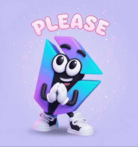 A cute purple geometric emoji character clasps its hands beneath “PLEASE.”