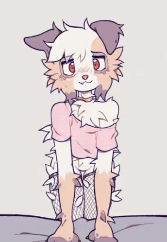 a drawing of a furry dog wearing a pink crop top .