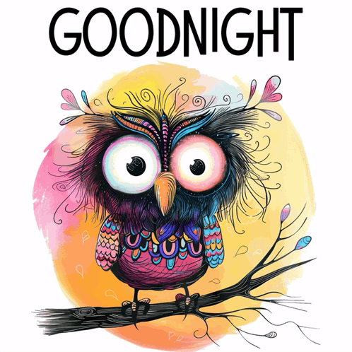 a colorful owl is sitting on a tree branch with the words goodnight written above it