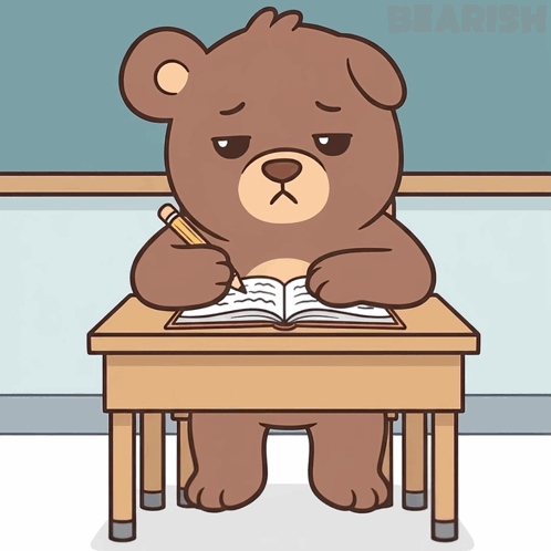 a teddy bear sits at a desk writing in a book