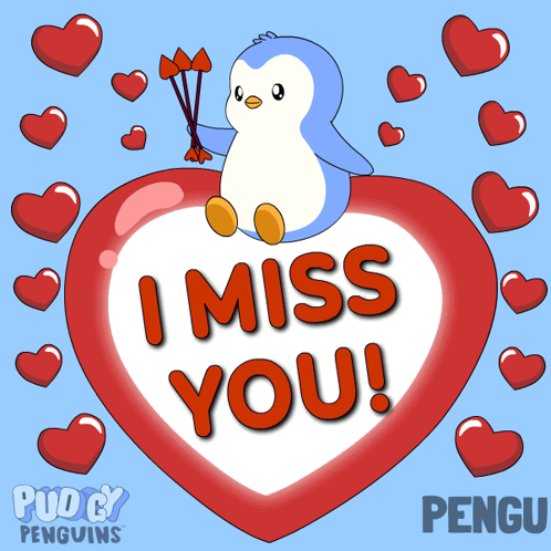 a penguin is sitting on a heart surrounded by hearts and says i miss you