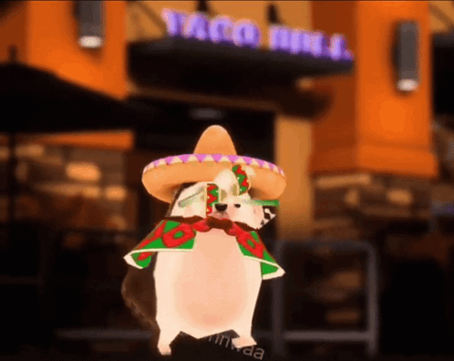 a dog wearing a sombrero stands in front of a taco bell sign