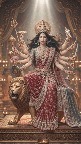 a painting of a woman sitting on a lion with many arms