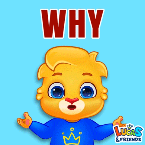 A cartoon lion cub points upward beneath the red caption “WHY.”
