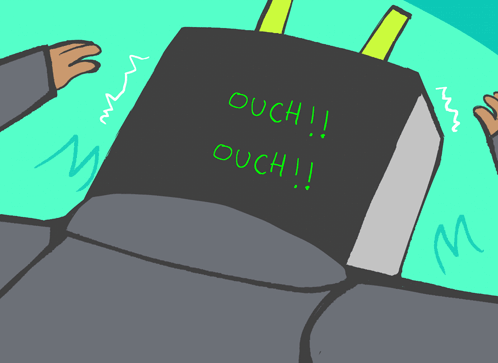 A black book or device displays repeated green “OUCH!!” text while hands reach toward it.