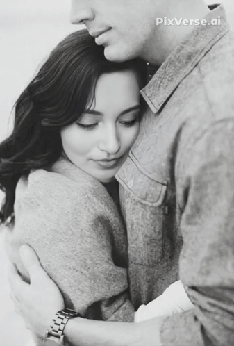 A black-and-white photo shows a couple embracing tenderly.