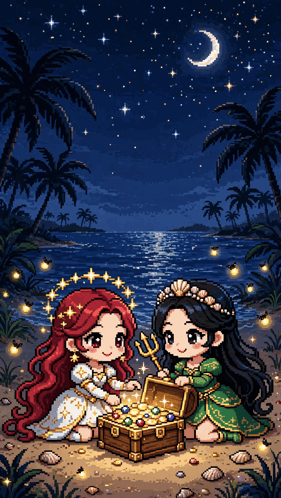 a pixel art illustration of two women sitting on a beach with a treasure chest