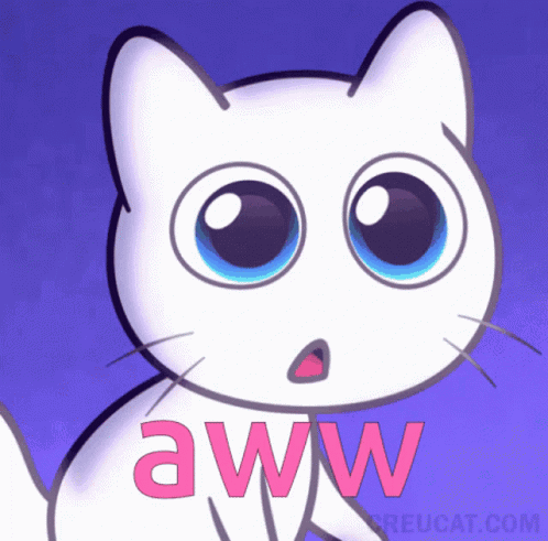 A wide-eyed purple cartoon cat looks up with “aww” at the bottom.