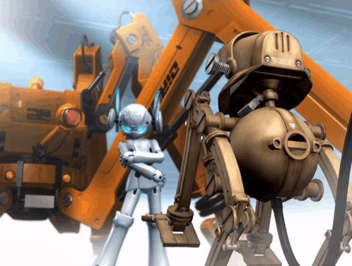 a robot with arms crossed stands in front of a crane that says dirt on it